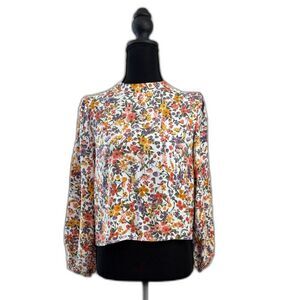 Women's Large White Floral Abound Long Sleeve Half Zip Back Puffy Sleeve Blouse